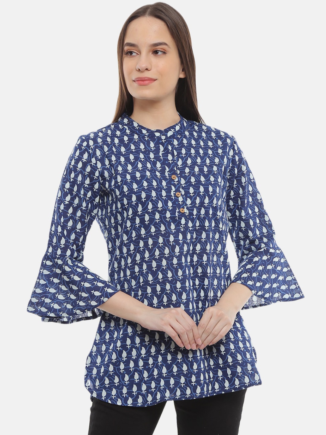 

Desi Mix Women Navy Blue Ethnic Motifs Printed Flared Sleeves Kurta