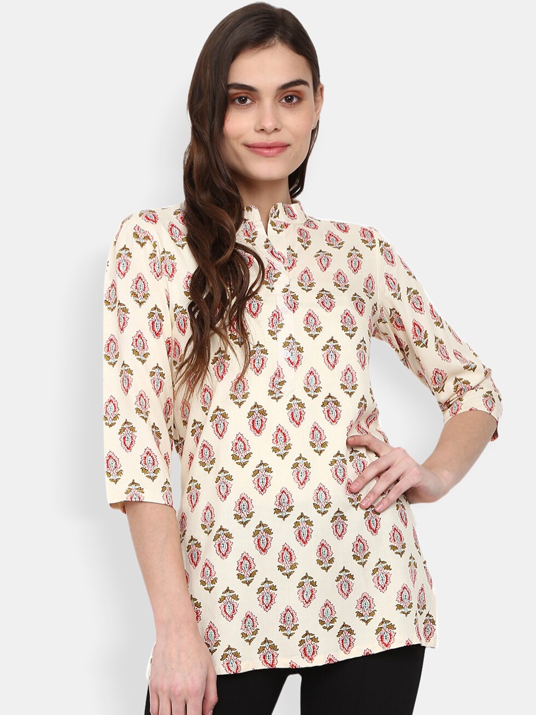 

Desi Mix Women Beige Ethnic Motifs Printed Thread Work Kurta