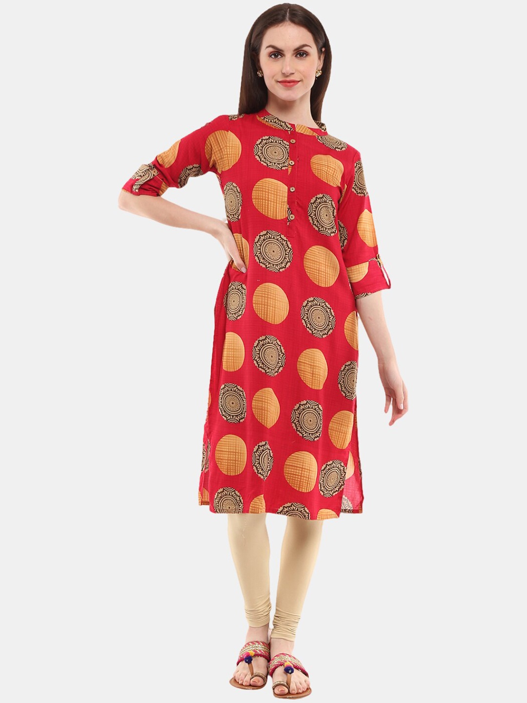 

Desi Mix Women Red Ethnic Motifs Printed Thread Work Kurta