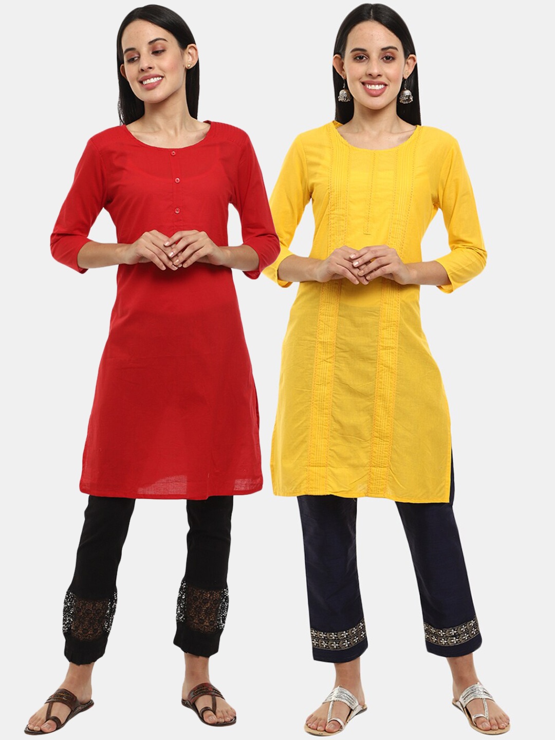 

Desi Mix Yellow & red Women Ethnic Solid Cotton Round Neck Kurta{pack of 2}