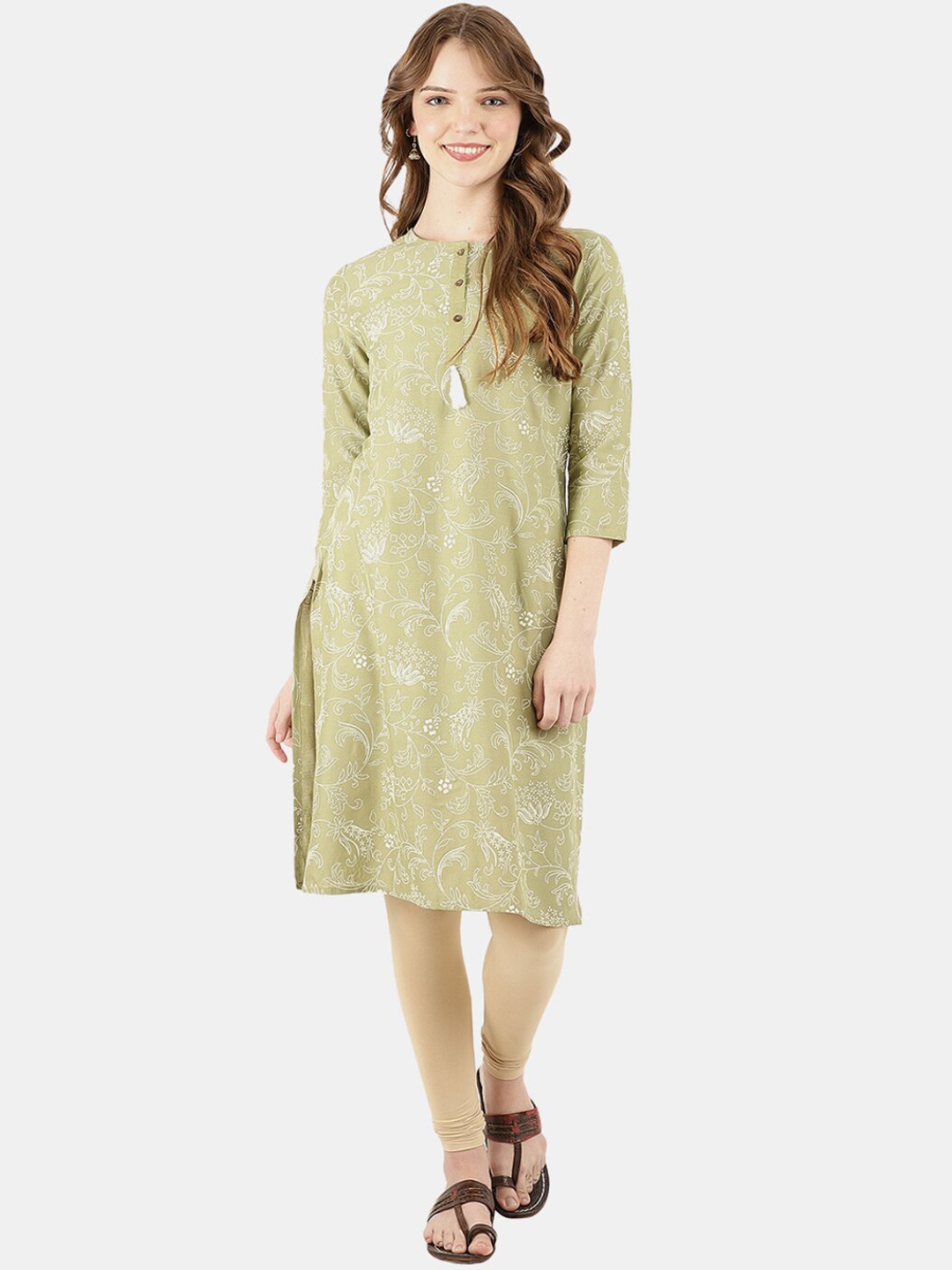 

Desi Mix Women Green Ethnic Printed Cambric Mandarin Collar Kurta