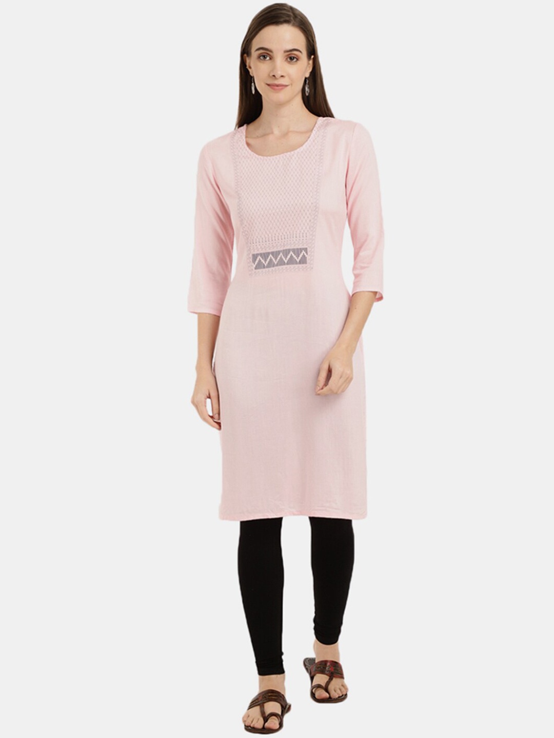 

Desi Mix Women Pink Flared Sleeves Thread Work Kurta