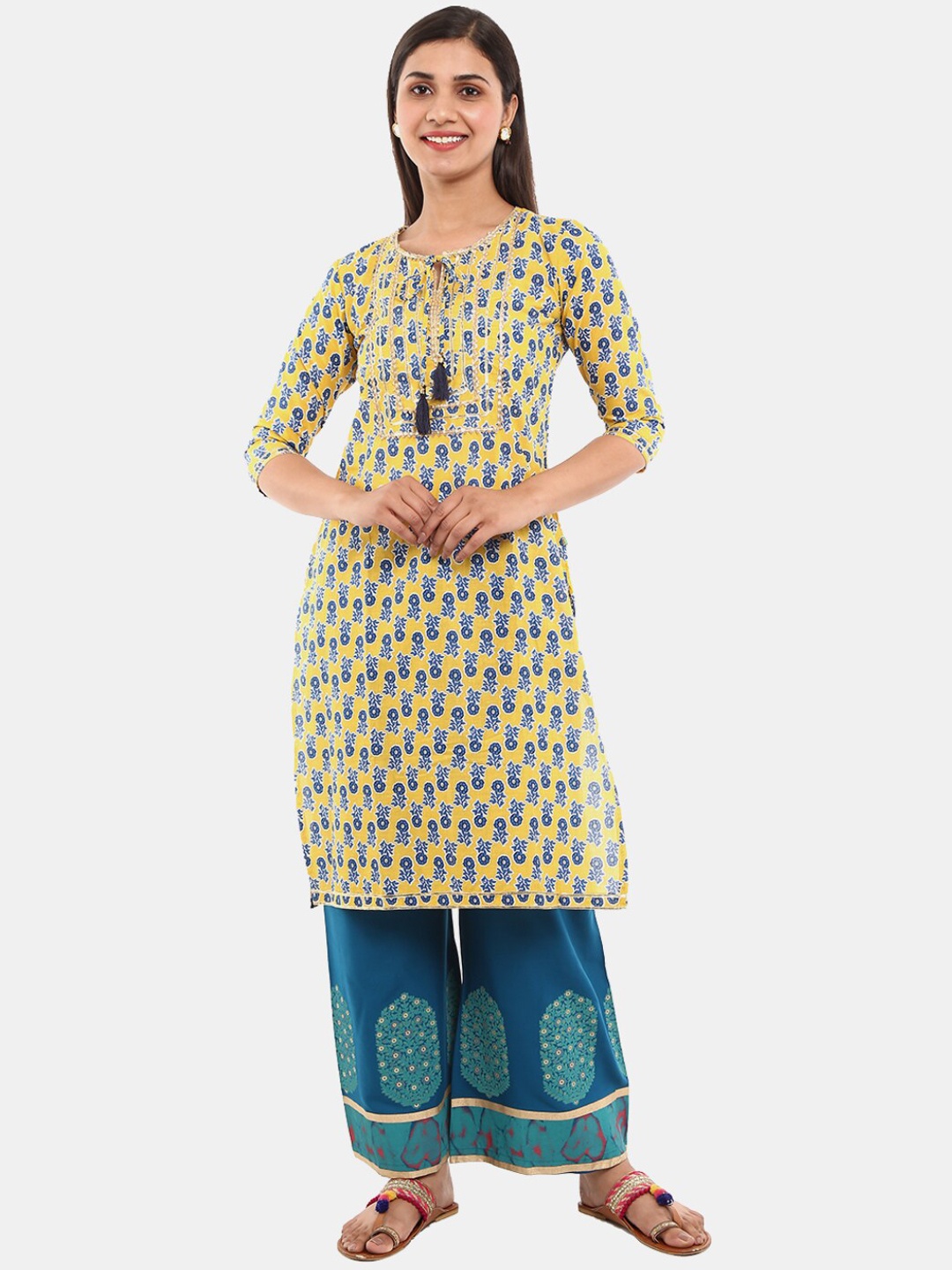 

Desi Mix Women Mustard Yellow Ethnic Motifs Printed Mirror Work Kurta