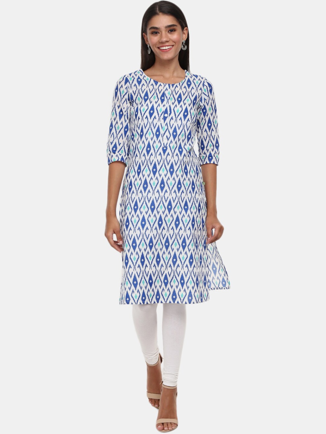 

Desi Mix Women Blue Geometric Printed Cold-Shoulder Sleeves Kurta