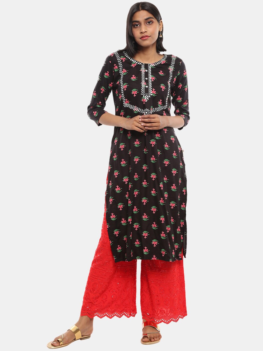 

Desi Mix Women Black Ethnic Motifs Printed Keyhole Neck Thread Work Kurta