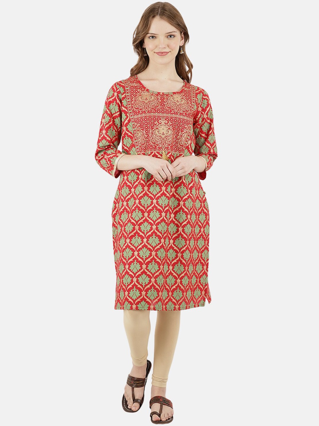 

Desi Mix Women Maroon cotton Ethnic Motifs Printed Mirror Work Kurta