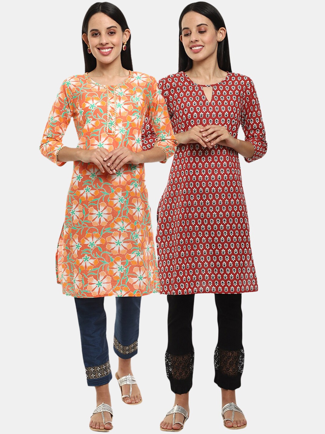 

Desi Mix Women Orange& maroon Floral Printed Thread Work Kurta{Pack of 2 }