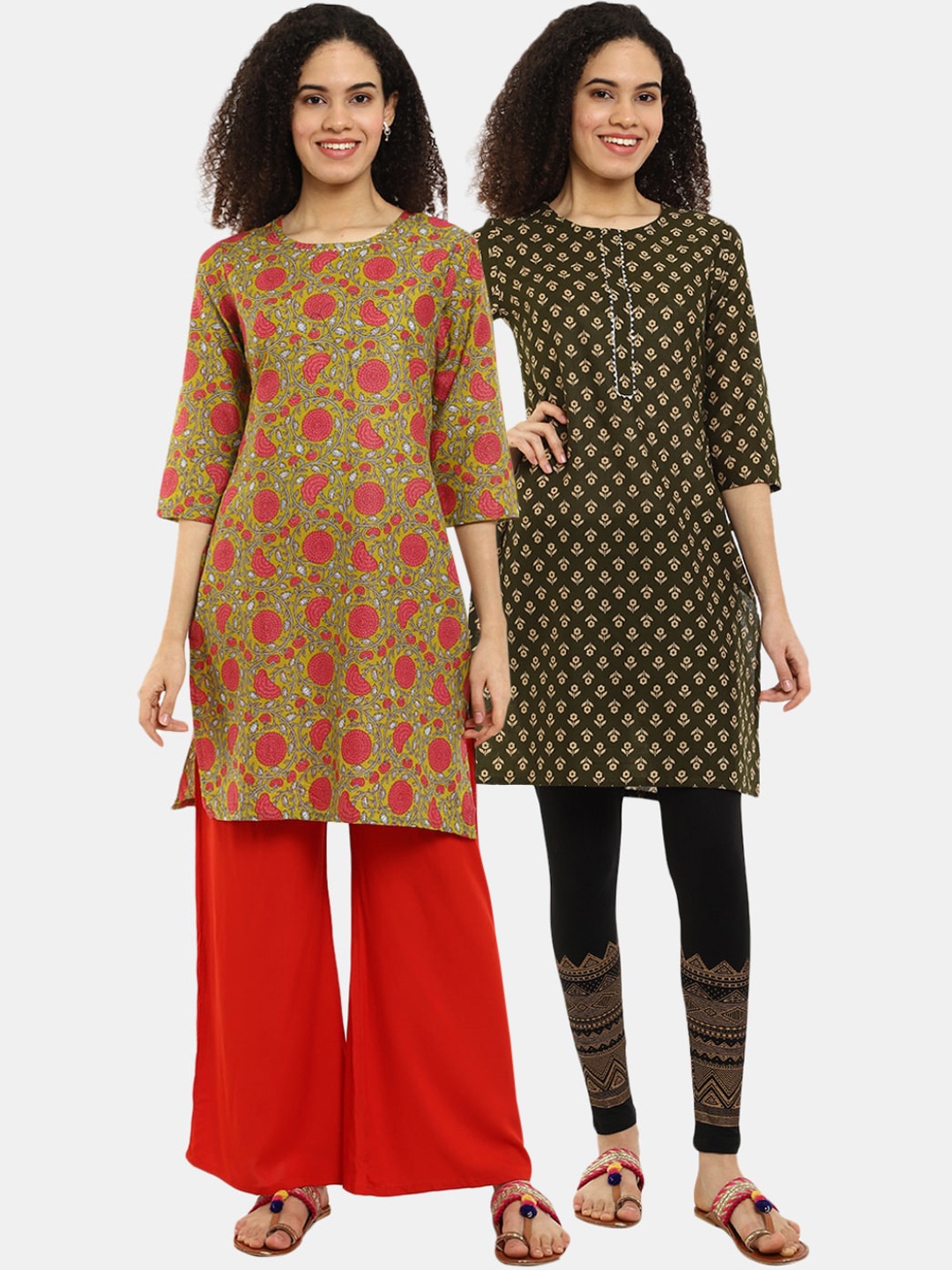 

Desi Mix Women Green Floral Printed Flared Sleeves[PACK OF 2]Kurtas