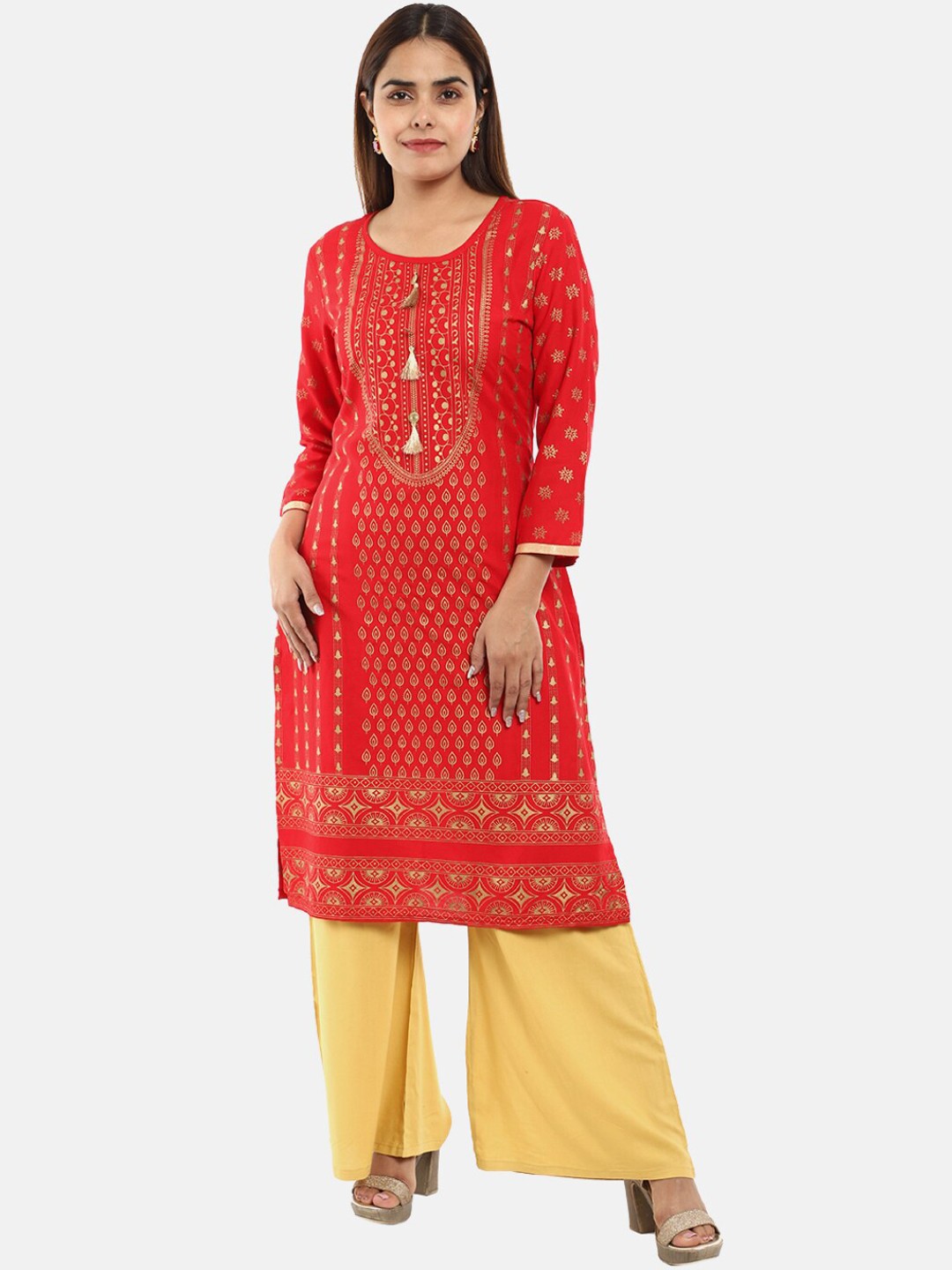 

Desi Mix Women Red cotton Ethnic Printed Cambric Round Neck Chikankari Kurta
