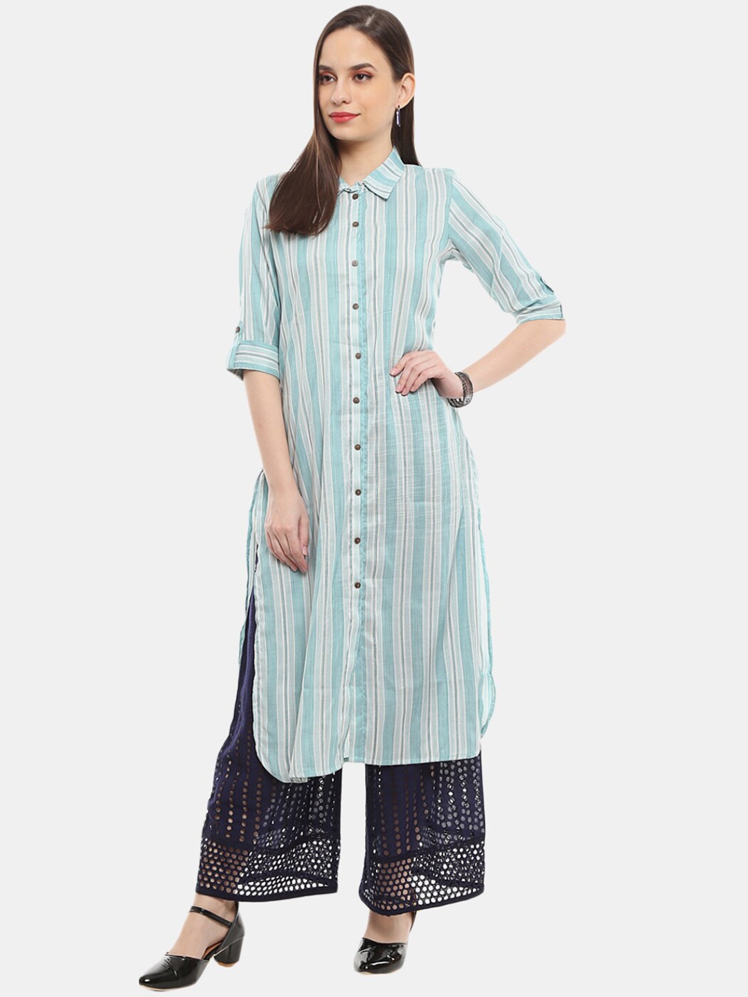 

Desi Mix Women Blue Striped Thread Work Kurta