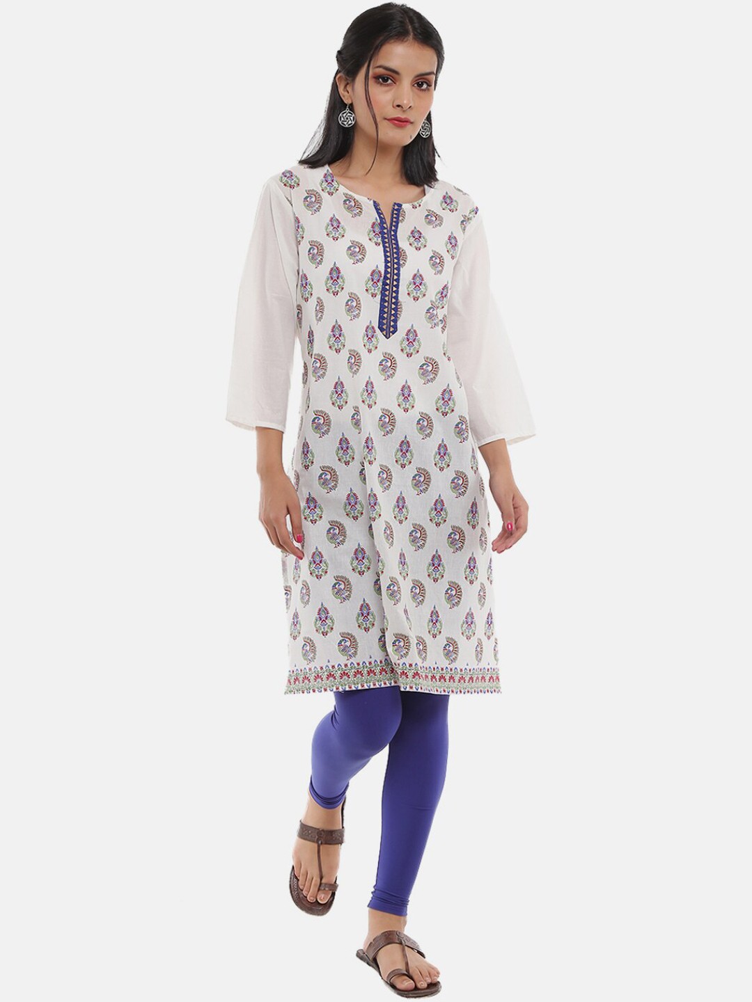 

Desi Mix Women White Ethnic Motifs Peacock Printed Kurta