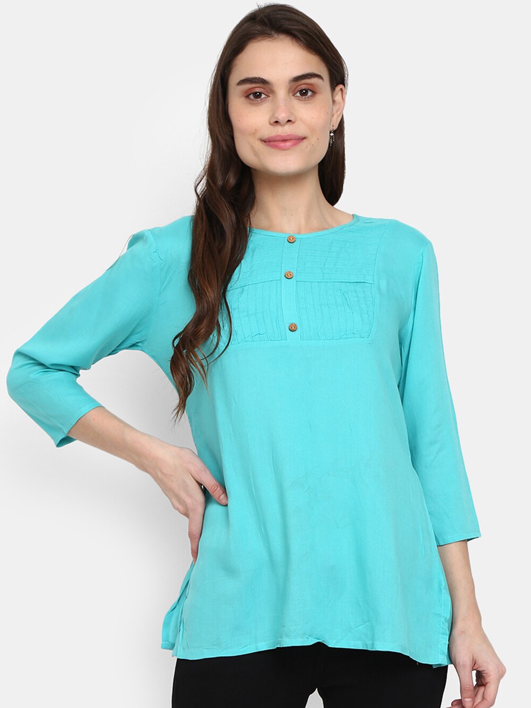 

Desi Mix Women Blue cotton round neck button Neck Thread Work Kurta