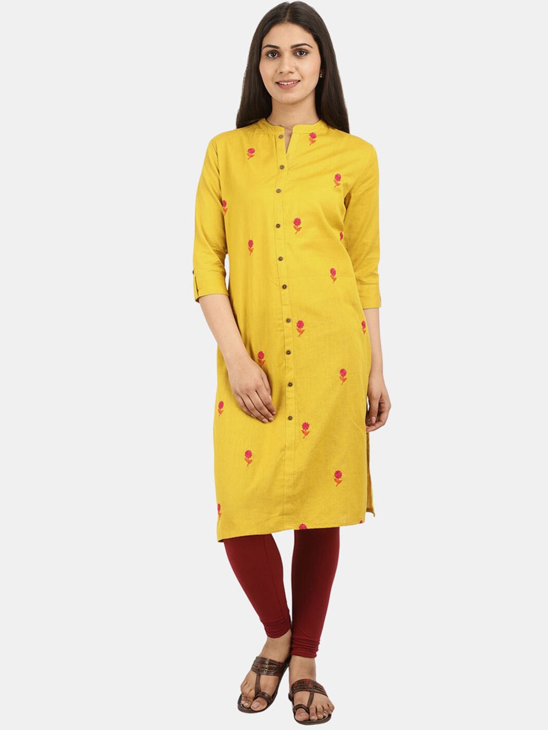

Desi Mix Women Mustard cotton Yellow Floral Thread Work Kurta