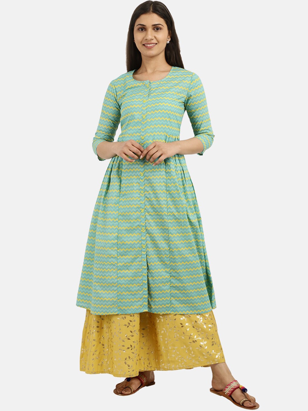 

Desi Mix Women Green cotton Ethnic Motifs regular Sleeves Thread Work Anarkali Kurta