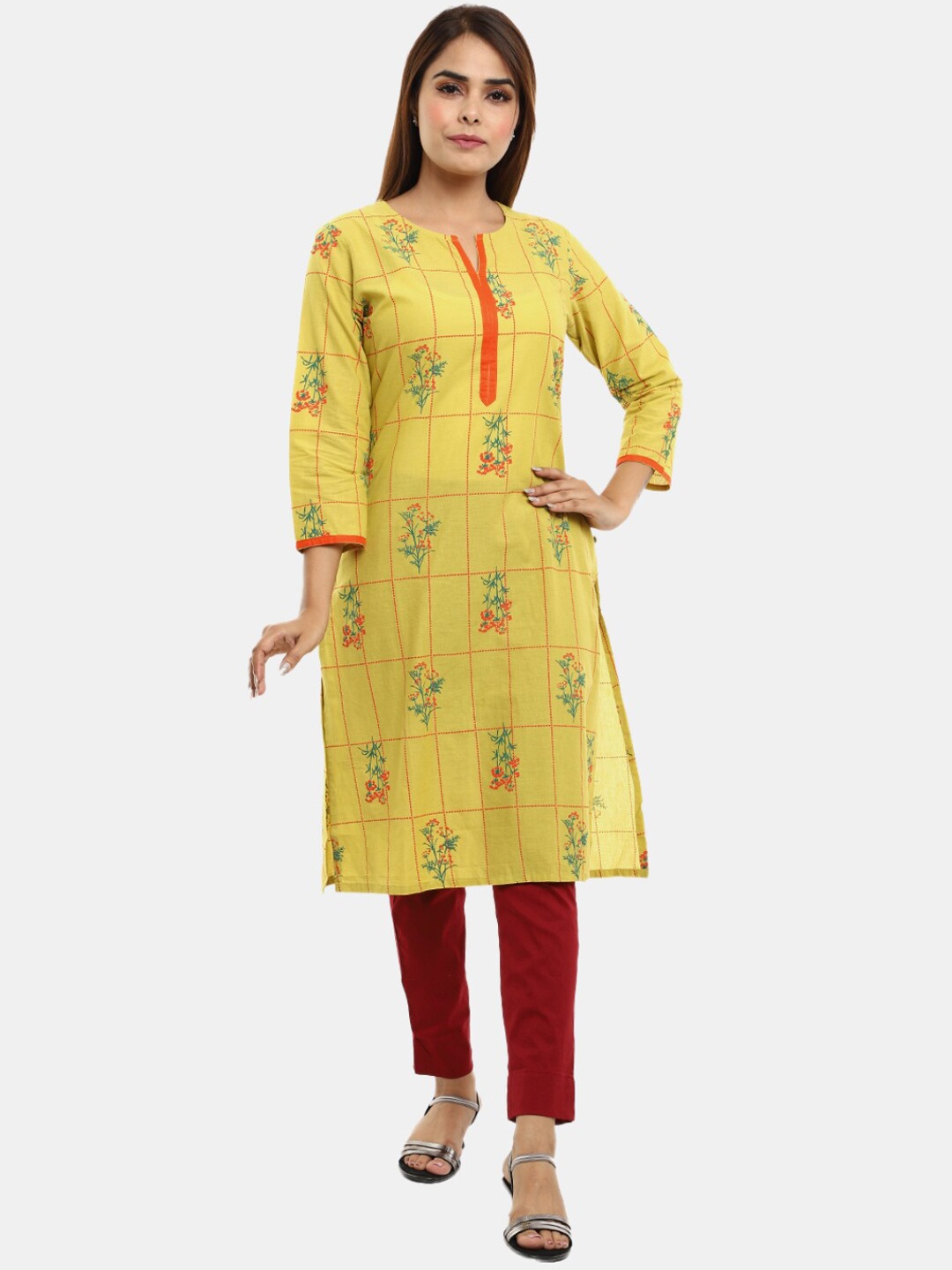 

Desi Mix Women Mustard Yellow cotton floral Ethnic Motifs Kurta