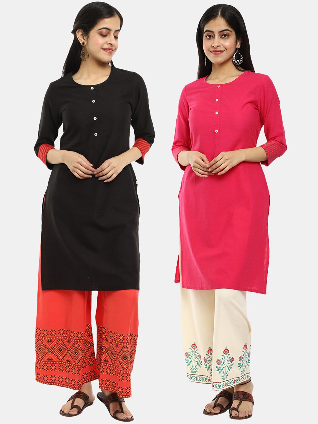 

Desi Mix Women cotton Black&Pink Fuchsia Thread Work Kurta[PACK OF 2 ]