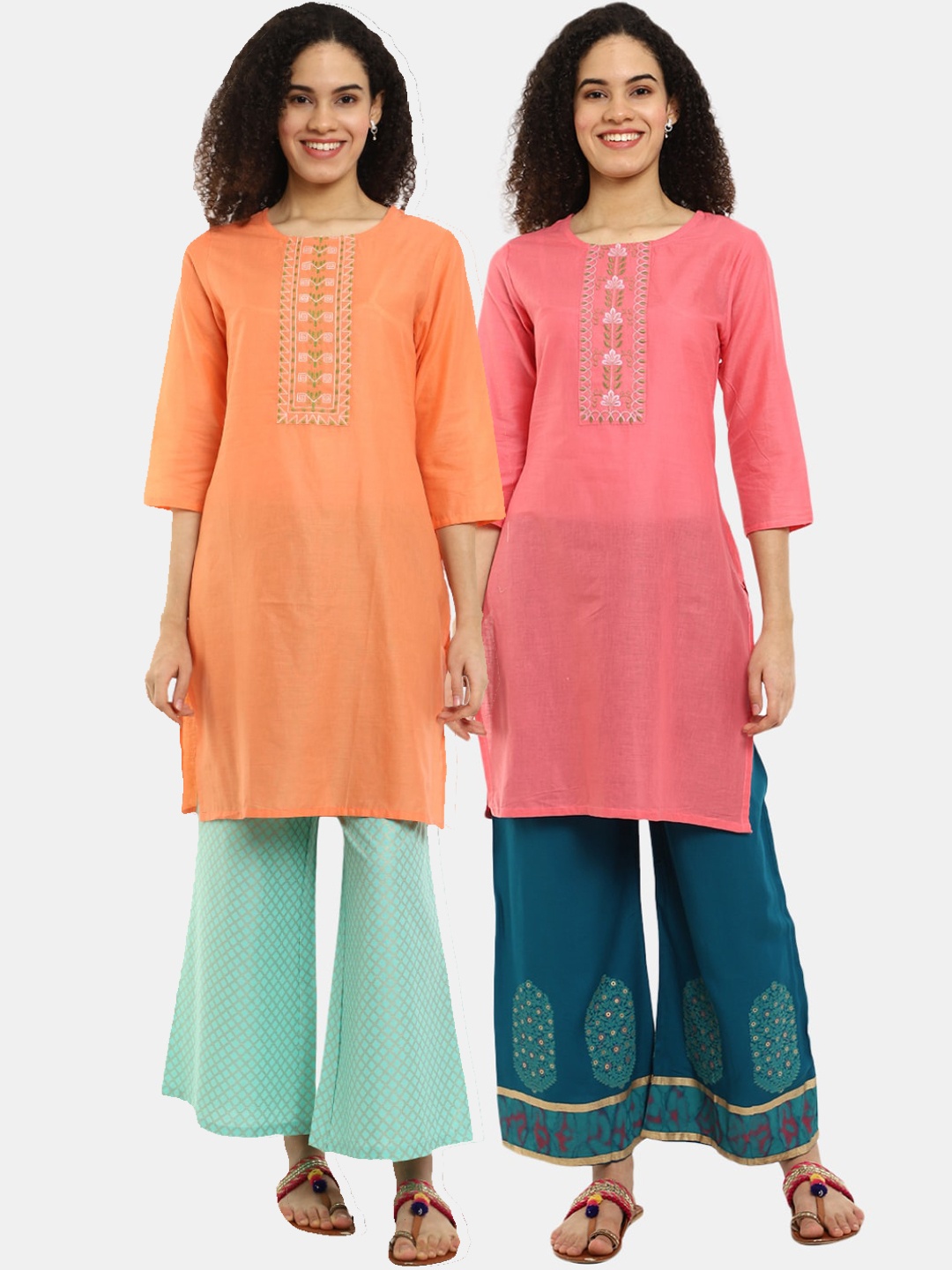 

Desi Mix Women Pink cotton Yoke Design Mirror Work Kurta [PACK OF 2 ]