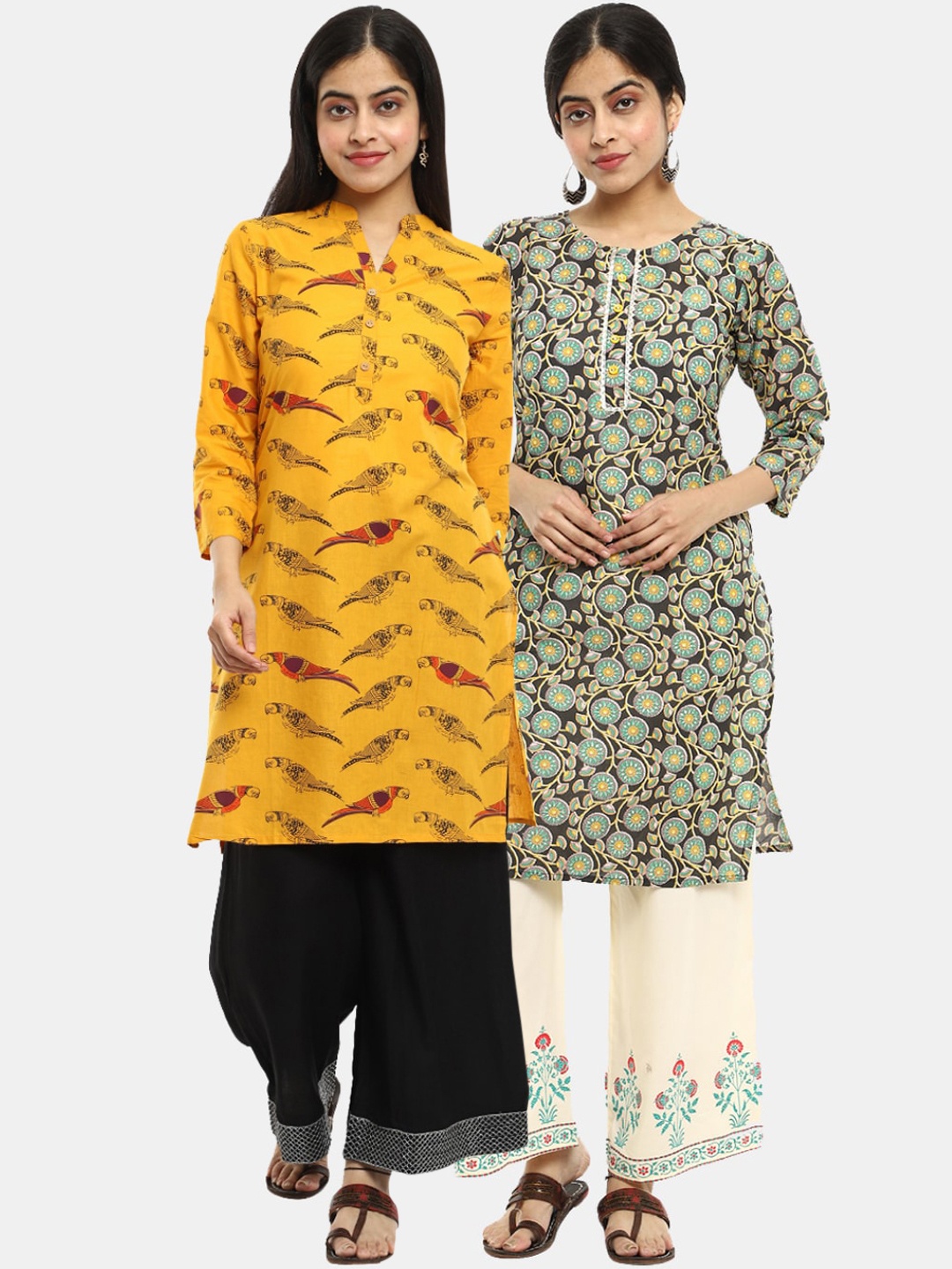 

Desi Mix Women Yellow cotton Floral Printed Thread Work Pathani Kurta [PACK OF 2 ]