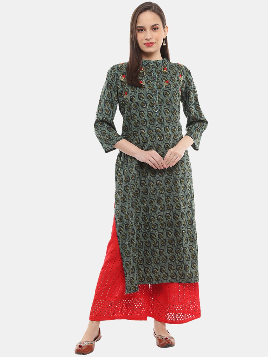 

Desi Mix Women Green cotton rayon Printed Mirror Work Kurta