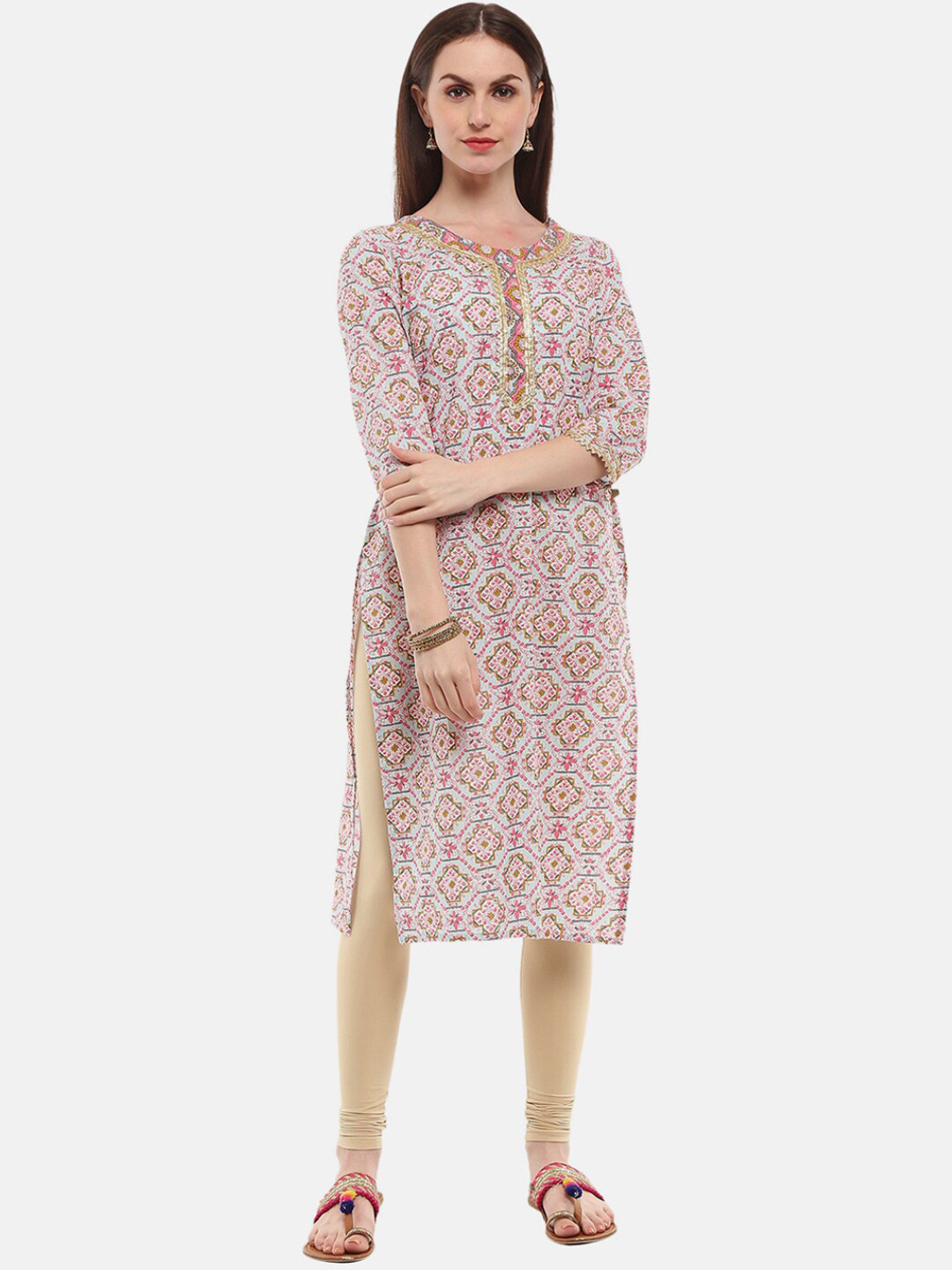 

Desi Mix Women cotton Blue Ethnic Motifs Printed Mirror Work Kurta