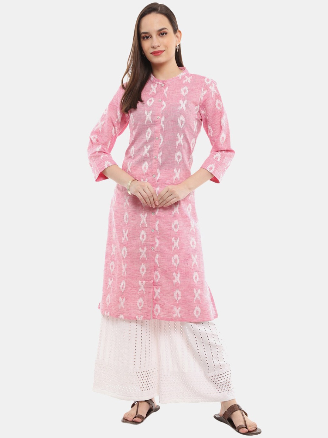 

Desi Mix Women Pink cotton woven design regular Sleeves Thread Work Kurta