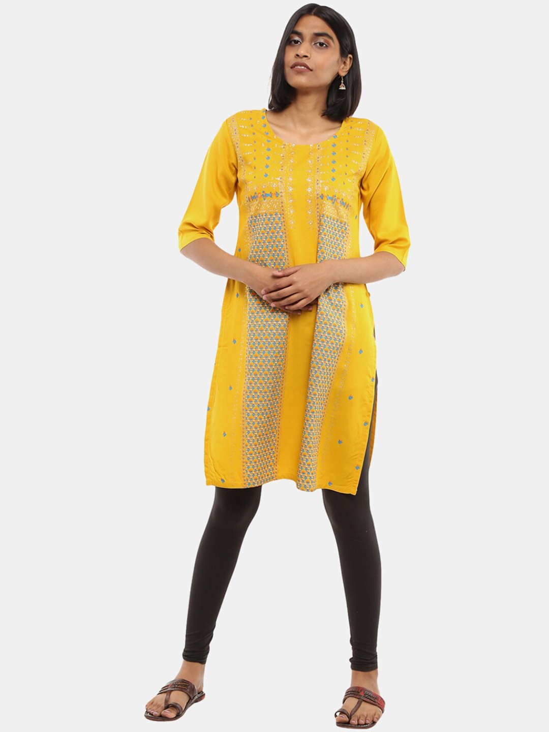 

Desi Mix Women cotton Yellow woven design Kurta