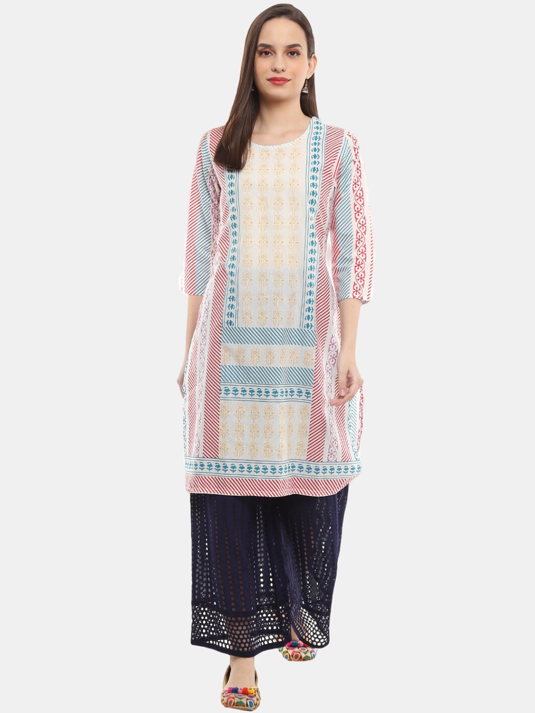 

Desi Mix Women White cotton Tribal Printed panelled regular Sleeves Kurta