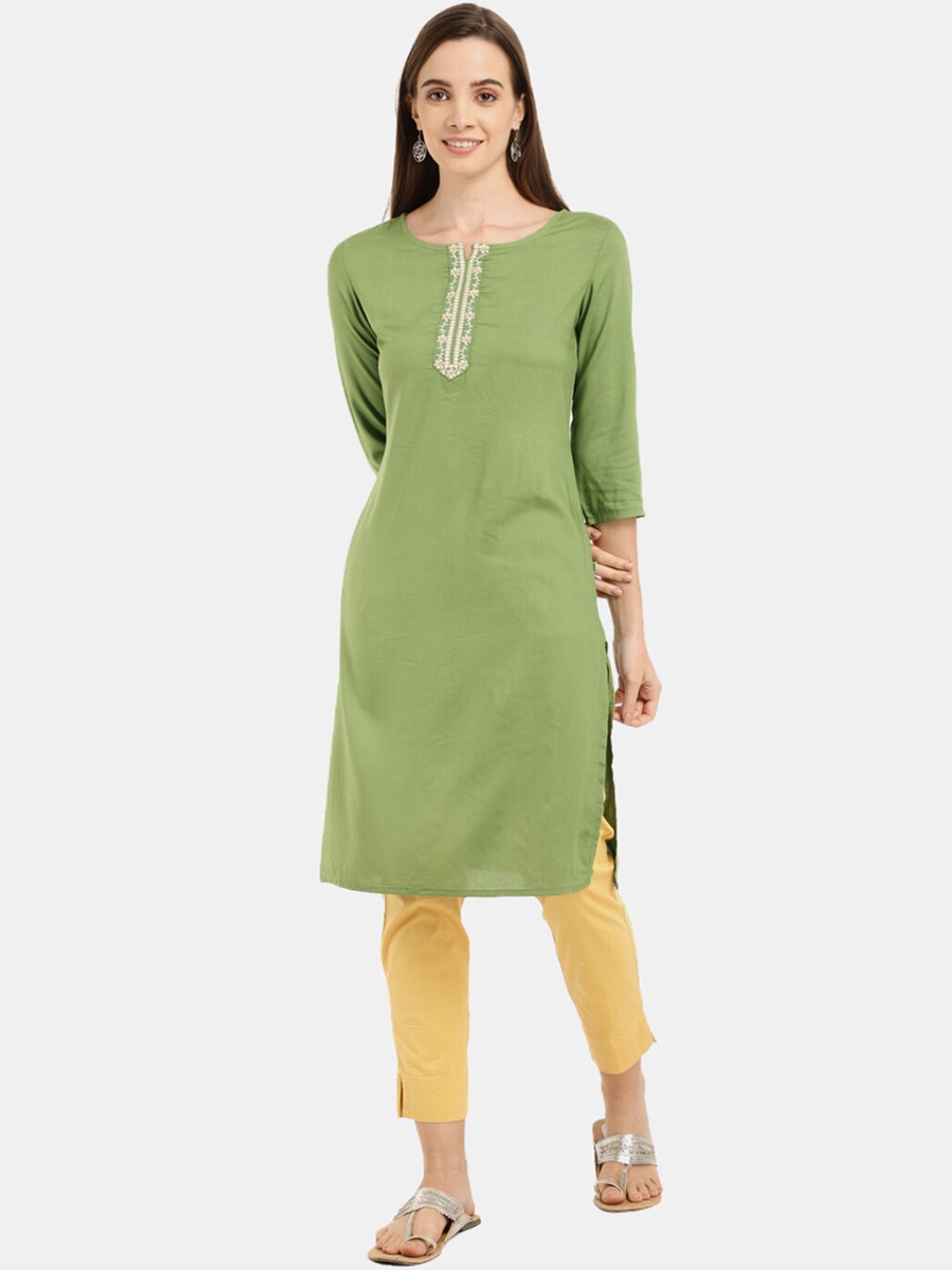 

Desi Mix Women cotton Green round neck Kurta