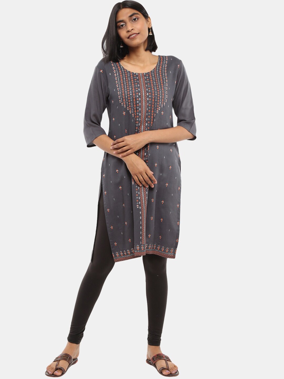 

Desi Mix Women Grey Striped Flared Sleeves Kurta