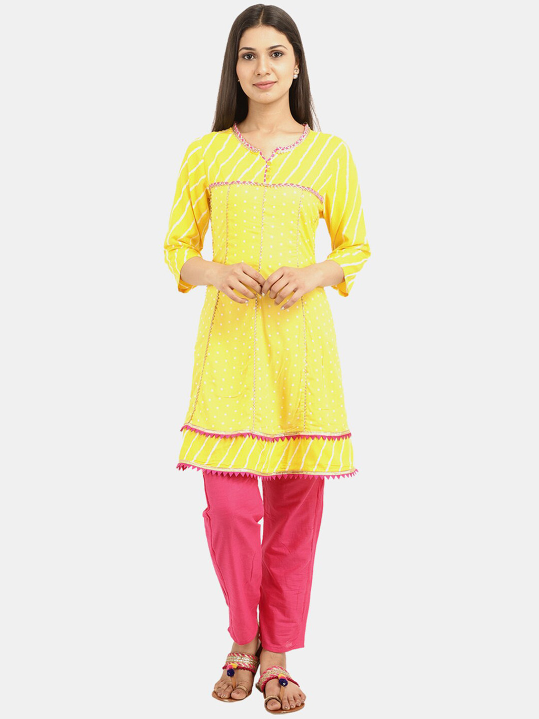 

Desi Mix Women Yellow Floral Flared Sleeves Mirror Work Kurta