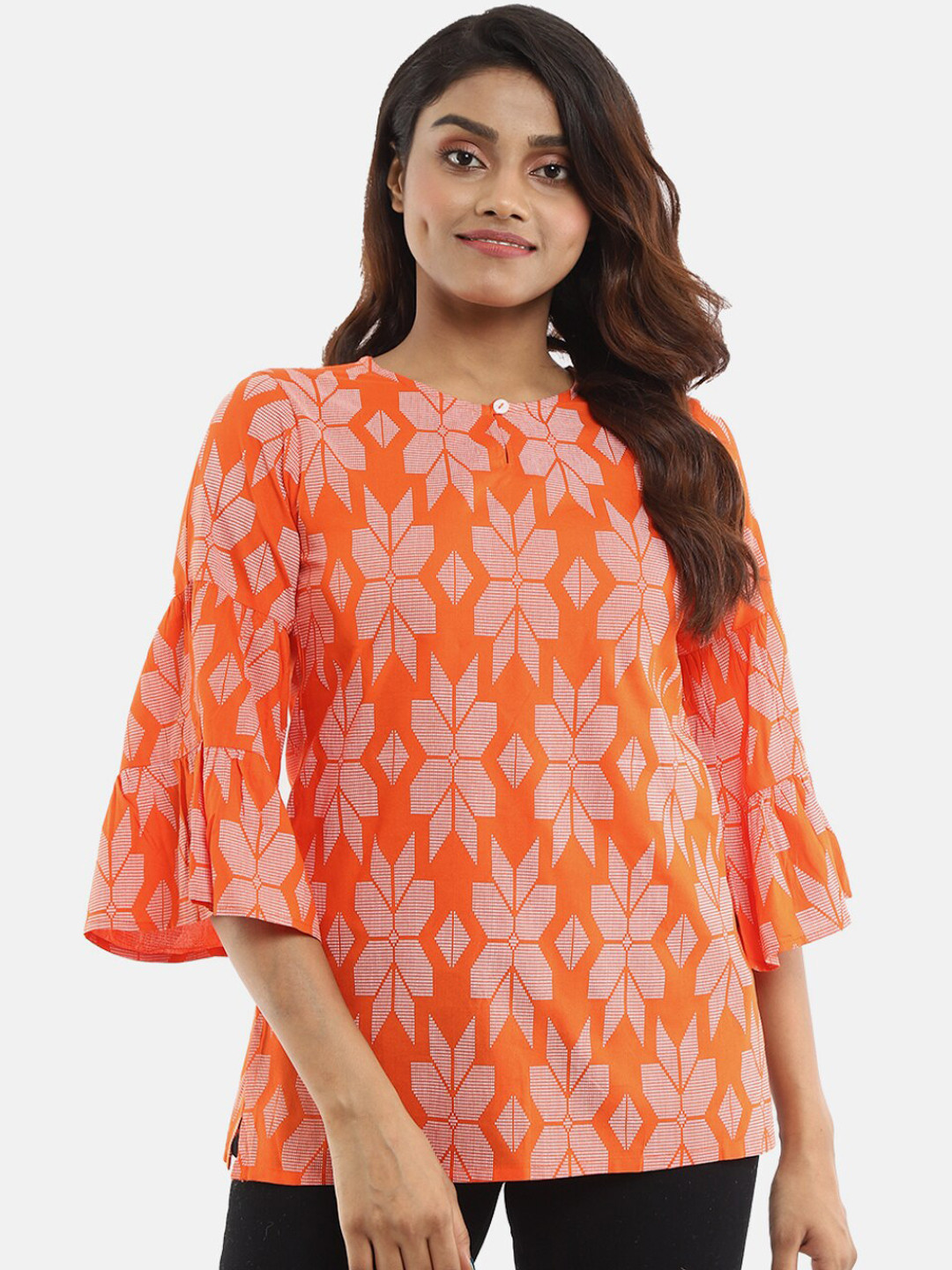 

Desi Mix Women Orange Ethnic Motifs Printed Flared Sleeves Thread Work Kurta