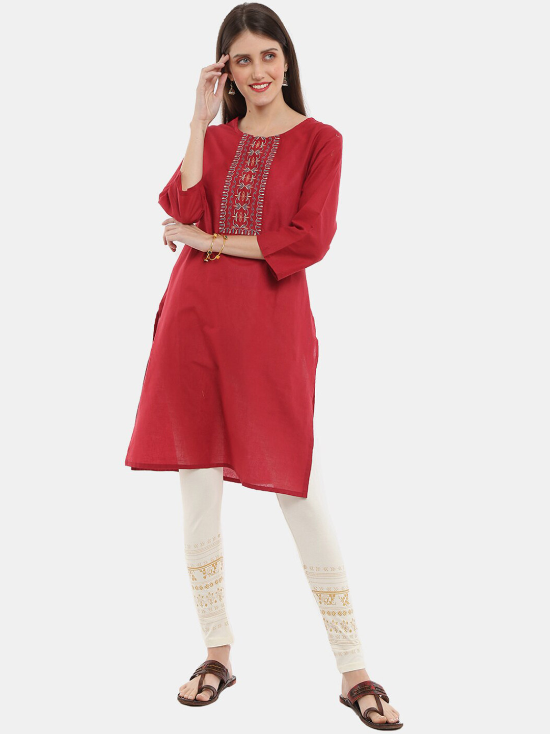 

Desi Mix Women Maroon Ethnic Motifs Embroidered Yoke Design Kurta