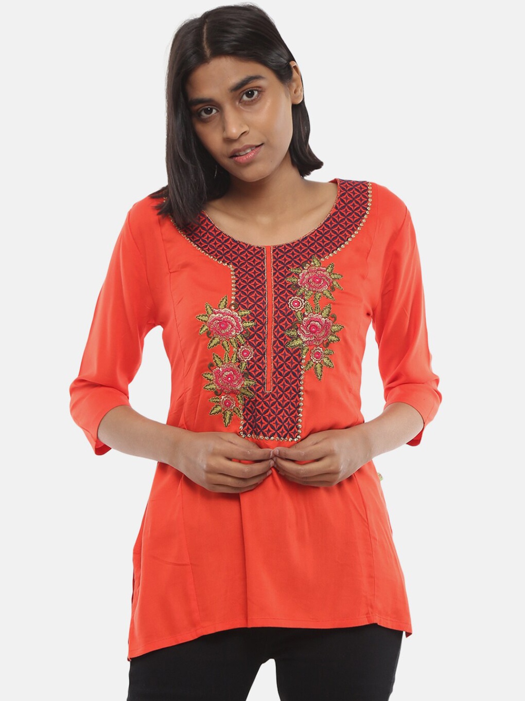

Desi Mix Women Red Floral embroidered Kurti