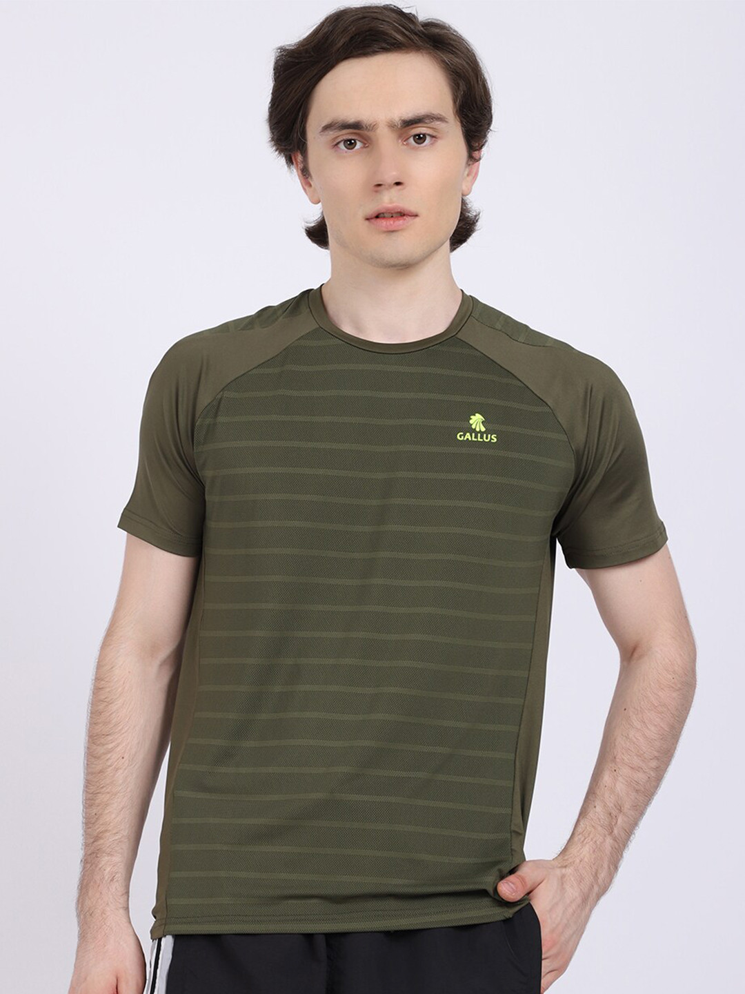 

Gallus Men Olive Green Striped Dri-FIT Sports T-shirt