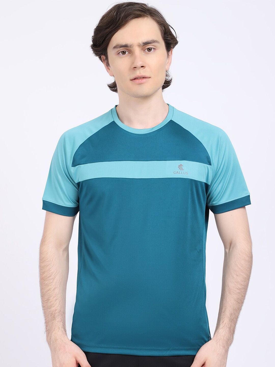 

Gallus Men Turquoise Blue Colourblocked Dri-FIT Sports T-shirt