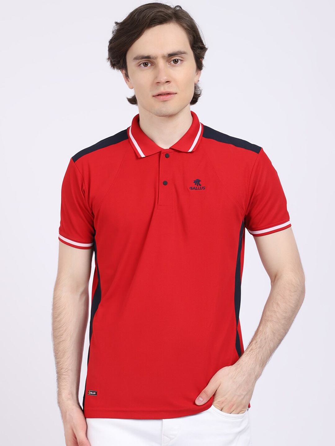 

Gallus Men Red Solid Polo Collar Dri-FIT T-shirt