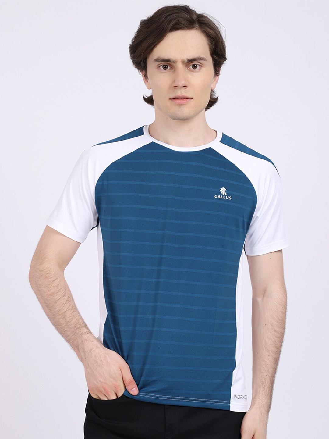 

Gallus Men Teal & White Colourblocked Dri-FIT T-shirt