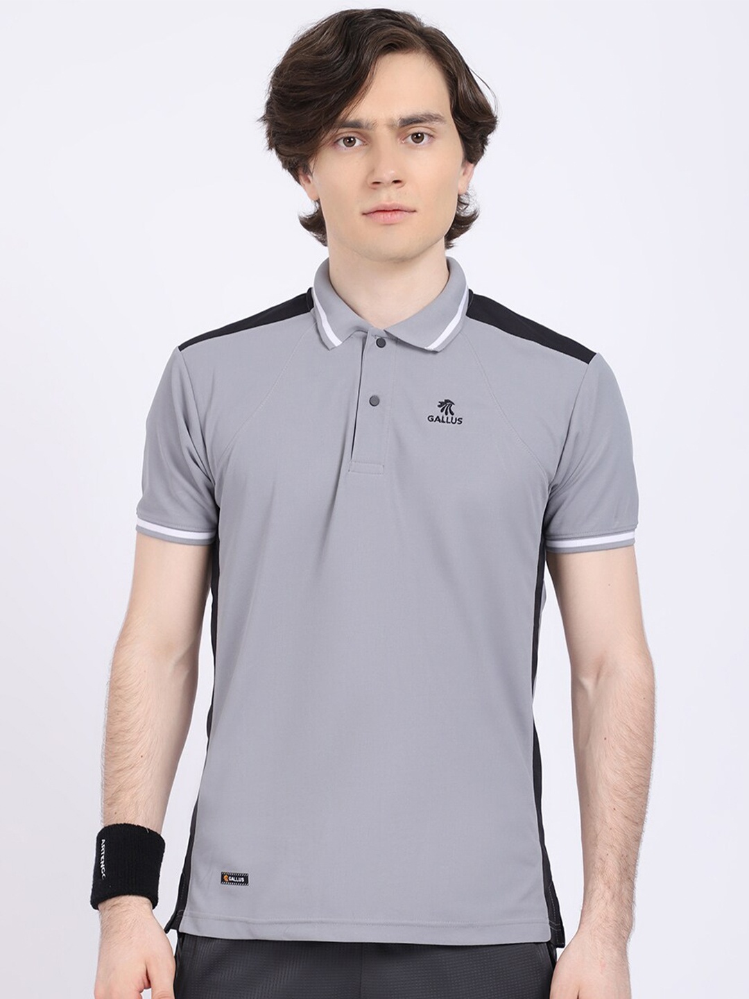 

Gallus Men Grey Solid Polo Collar Dri-FIT T-shirt