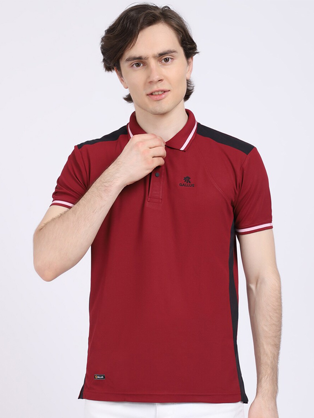 

Gallus Men Maroon Solid Polo Collar Dri-FIT T-shirt