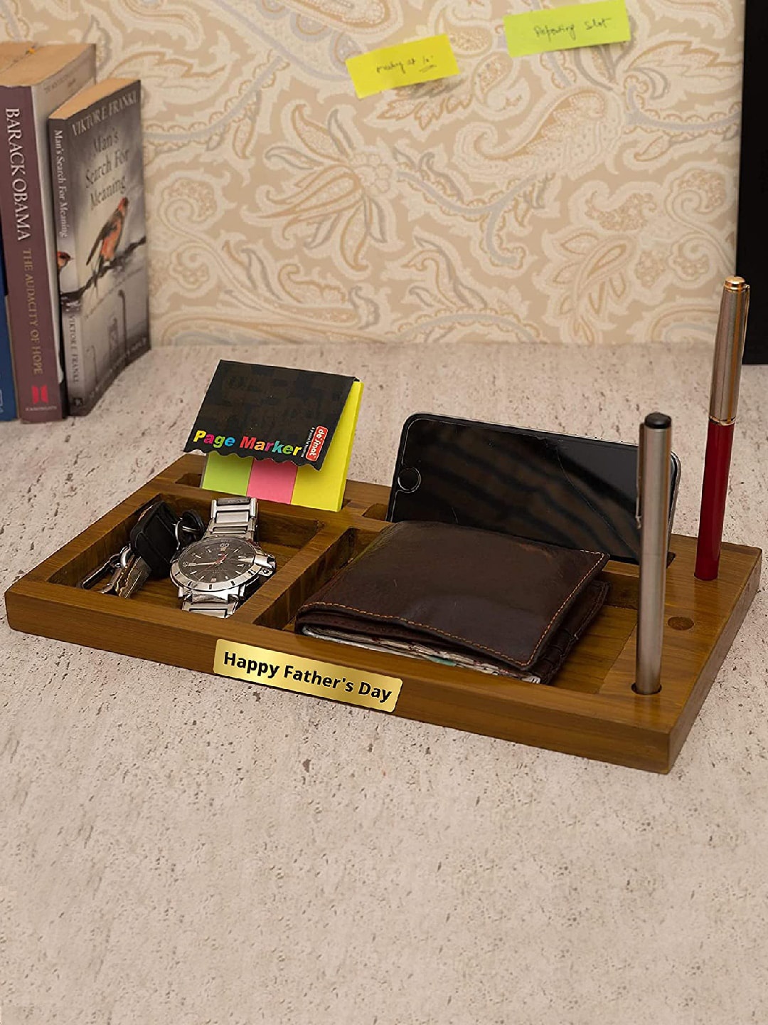 

TIED RIBBONS Brown Wooden Fathers Day Gift Set Multipurpose Table Organizer Mobile Stand