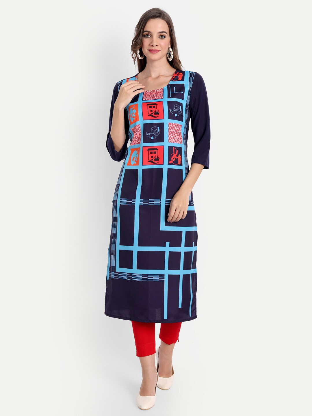 

soan Navy Blue Floral Printed Pure Crepe Kurti