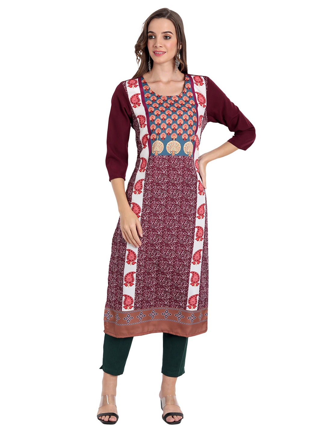 

soan Purple & Maroon Floral Printed Pure Crepe Kurti