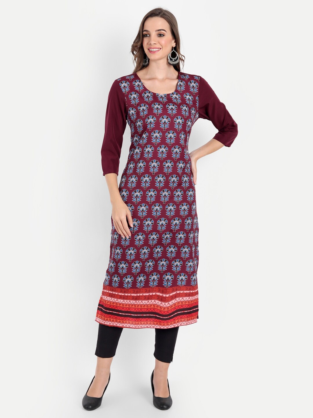 

soan Purple & Maroon Floral Printed Pure Crepe Kurti
