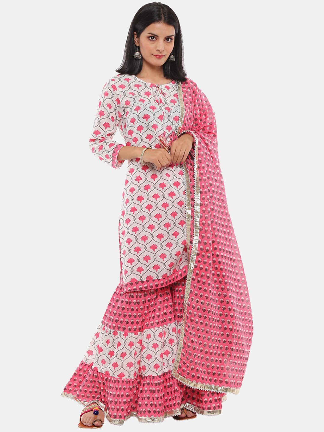 

Desi Mix Women White & Pink Ethnic Motifs Printed Kurta