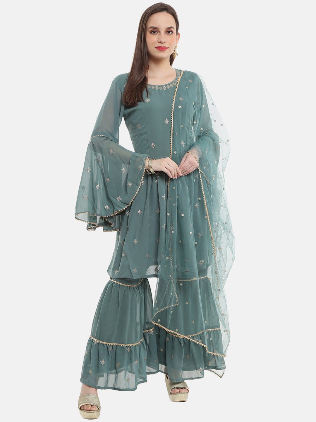 

Desi Mix Women Green Ethnic Motifs embroidered Georgette Kurta