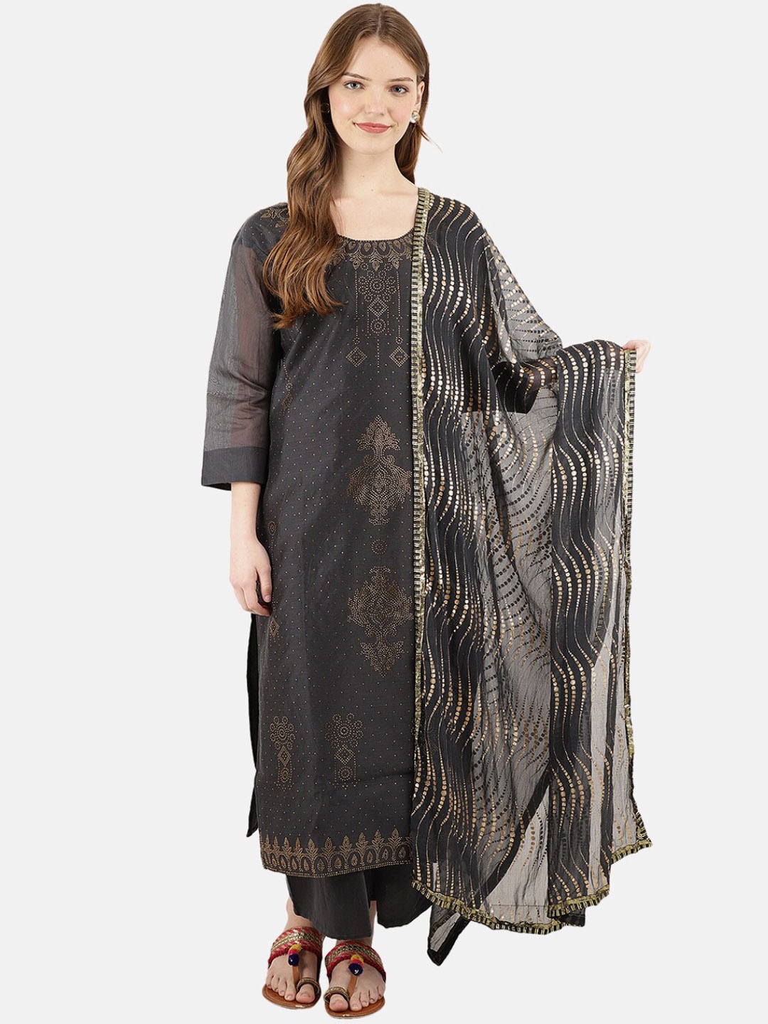

Desi Mix Women Grey Ethnic Motifs Printed Chanderi Kurta