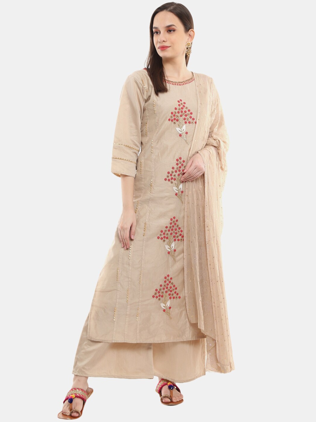 

Desi Mix Women Beige Floral Embroidered Thread Work Kurta