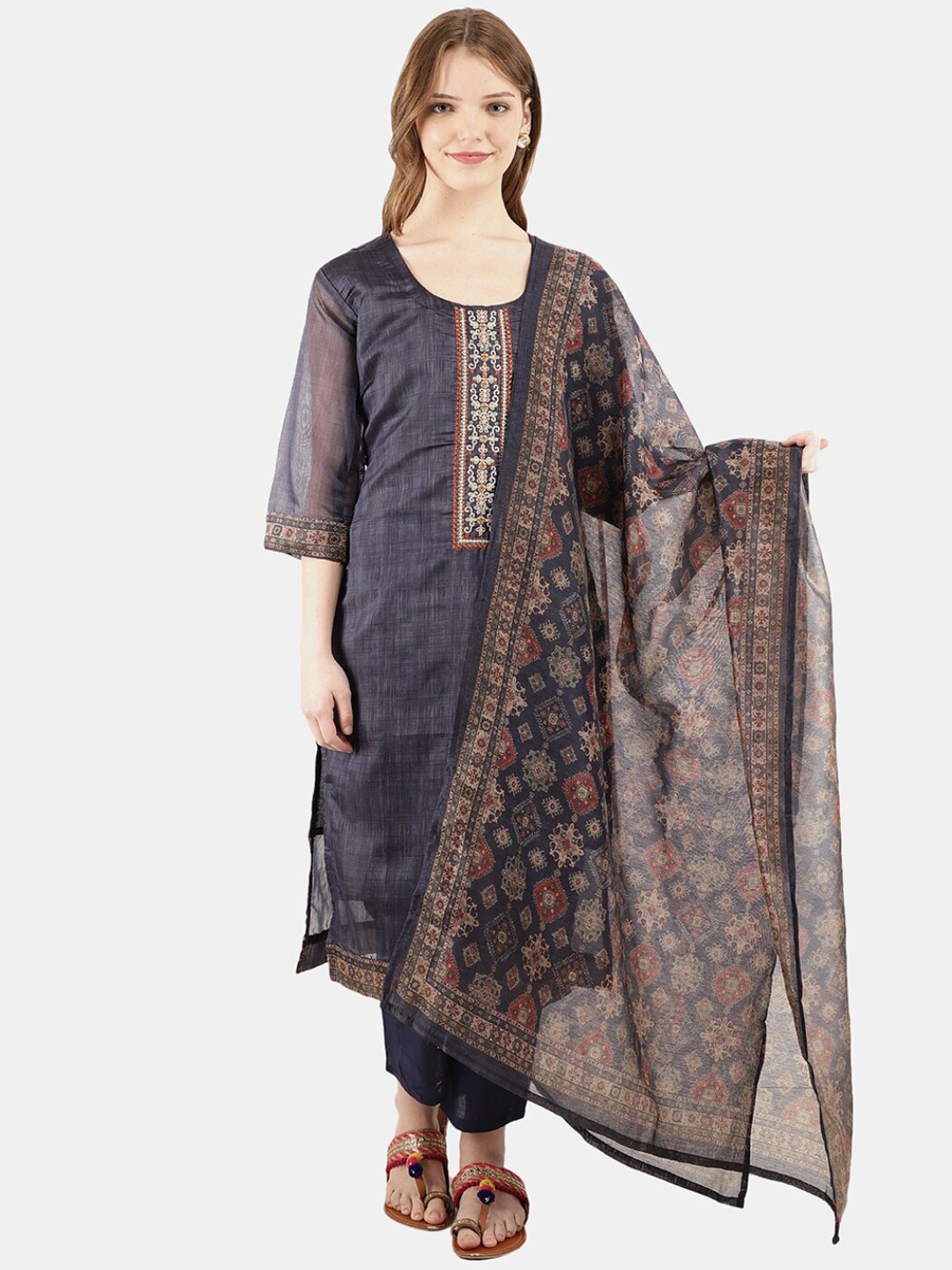 

Desi Mix Women Navy Blue Yoke Design Kurta
