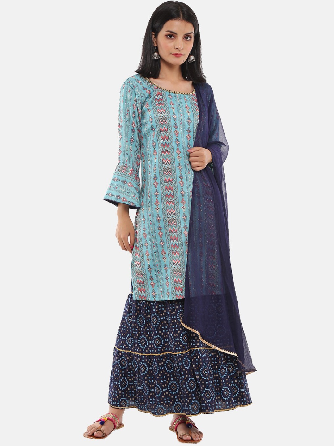 

Desi Mix Women Blue Ethnic Motifs Printed Flared Sleeves Kurta