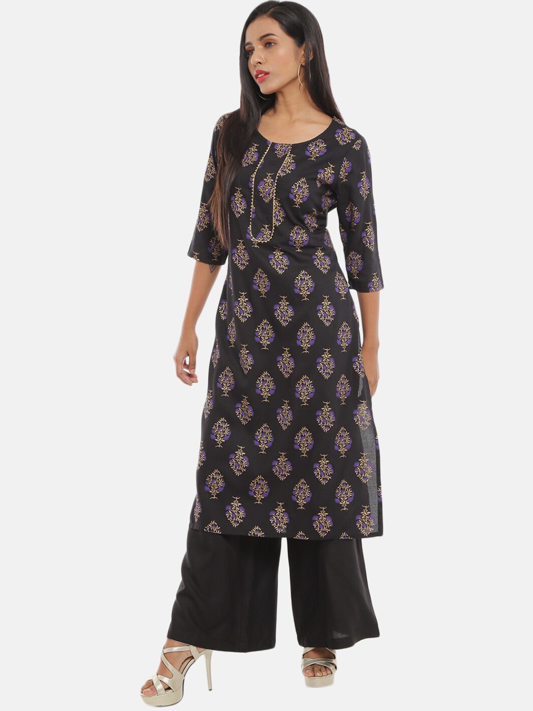 

Desi Mix Women Black Ethnic Motifs Printed Gotta Patti Kurta